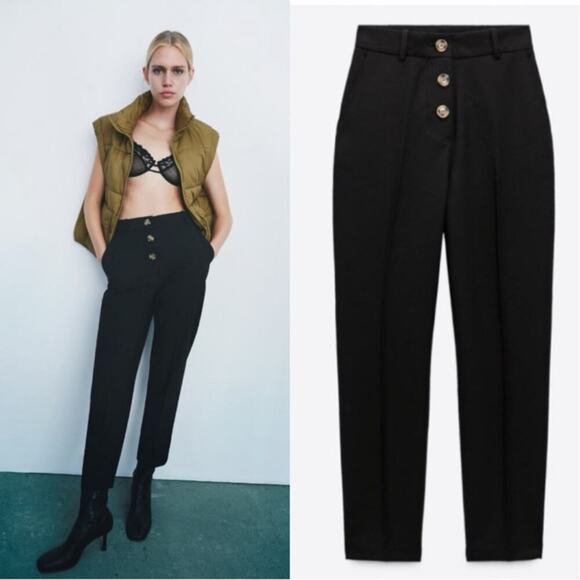 NWT ZARA Black High Rise Slim Fit Tortoise Button Trouser Size S OfficeCore Norm - Picture 1 of 14